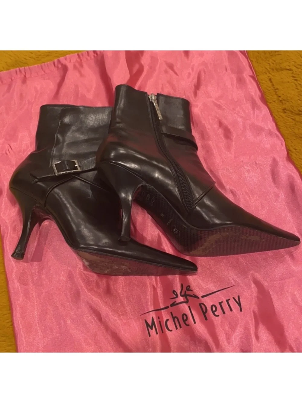 VINTAGE Michel Perry Black ankle pointy toe booties with silver tone hardware 36